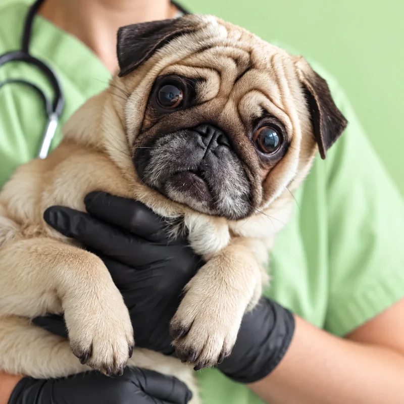 Pug no colo da veterinária